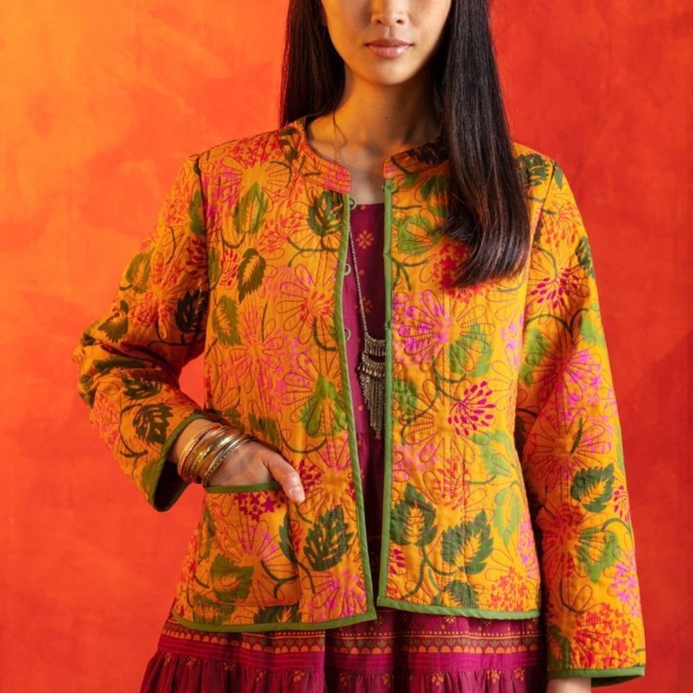 NWT Gudrun Sjoden Jacket quilted floral leaf reversible orange rust green XL